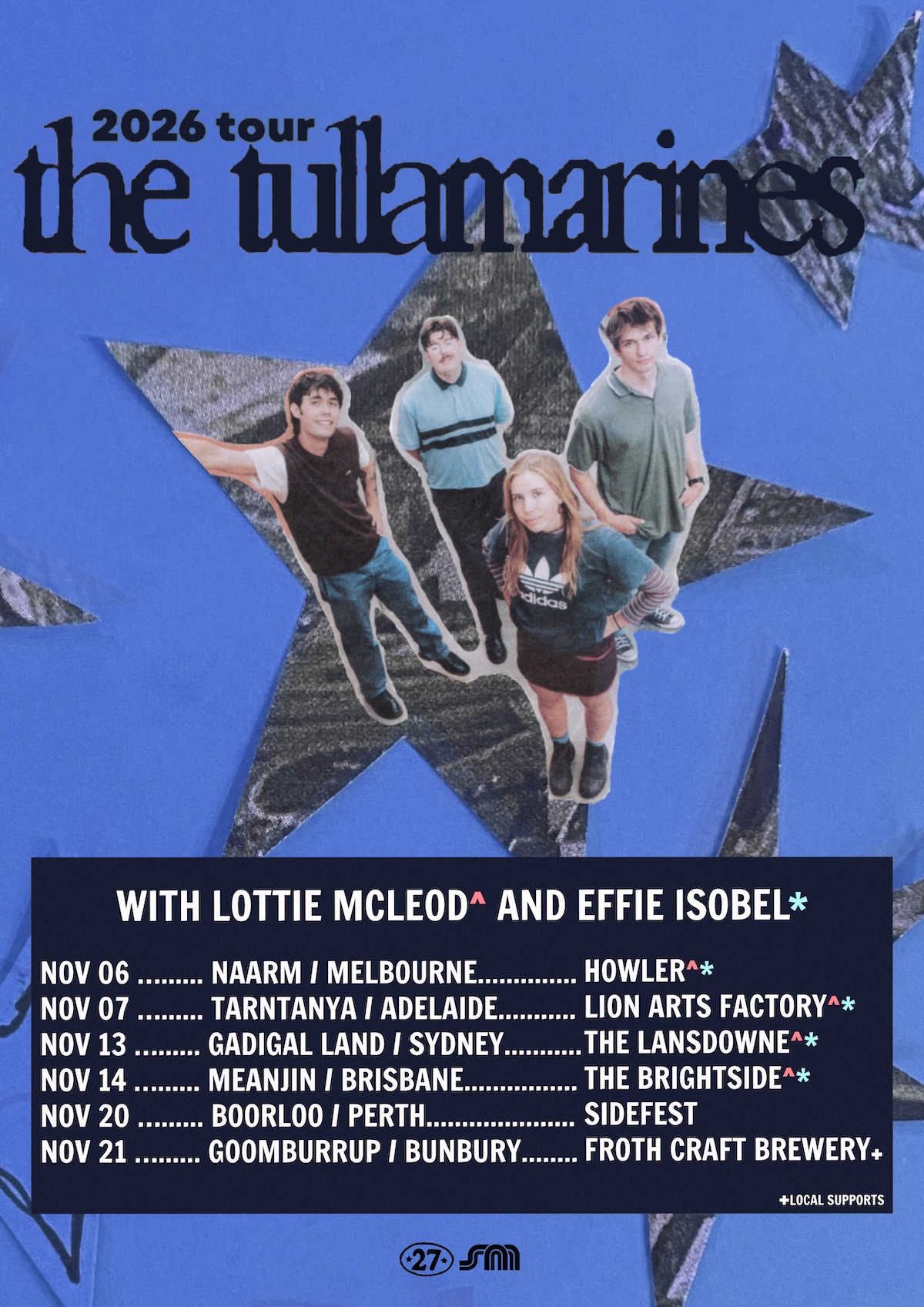 The Tullamarines 2026 Tour poster with star cutouts on blue background, special guests, and Australian concert dates and venues.